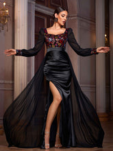 Long Sleeve Floral Sequin Draped Prom Dress SL30076